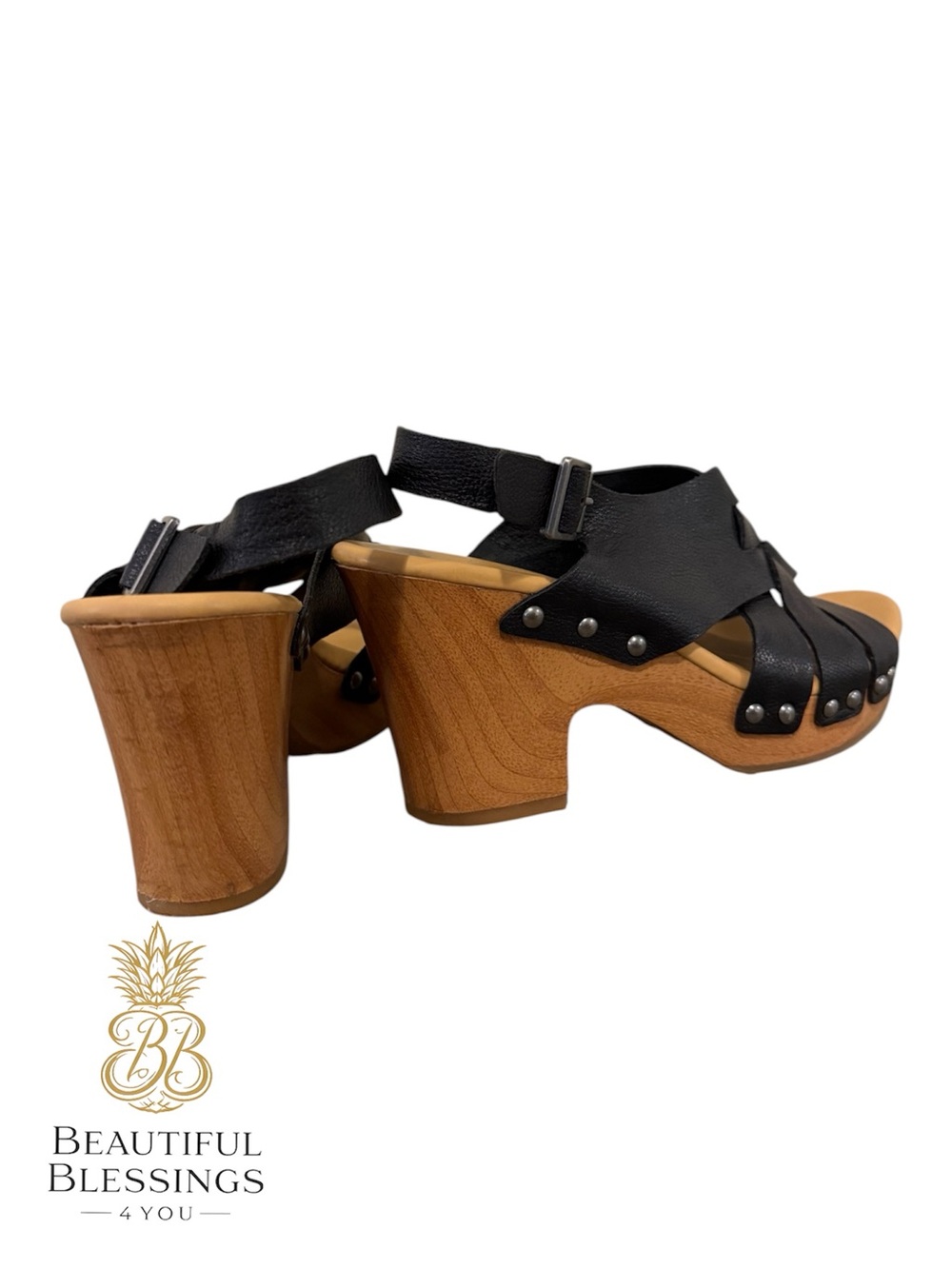 Korks Black Leather Clog Sandals Wood Heel Sling Back Boho Comfort Platform Shoe - Picture 3 of 10
